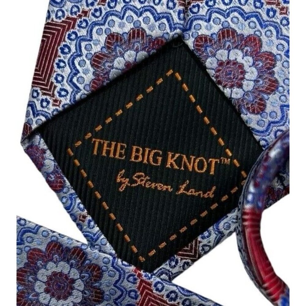 NWT THE BIG KNOT 100% Silk Tie Pocket Square LUXURY XL Blue Red Geometric W:3.6" - Picture 2 of 5